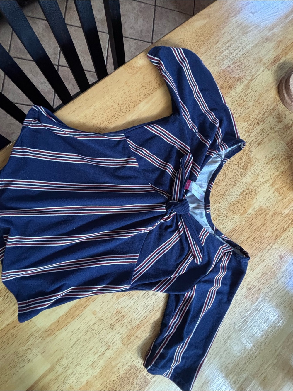 No Boundaries Navy Striped Knot-Front Top with Red and White Accents